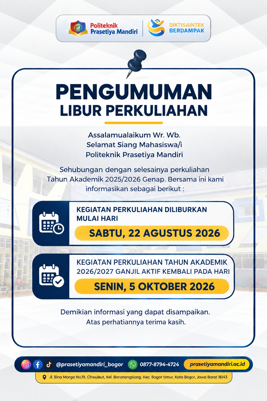 Pengumuman Libur Perkuliahan Politeknik Prasetiya Mandiri